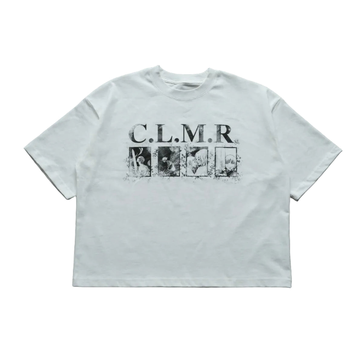 White t-shirt with 'C.L.M.R' text and graphic on a gray surface