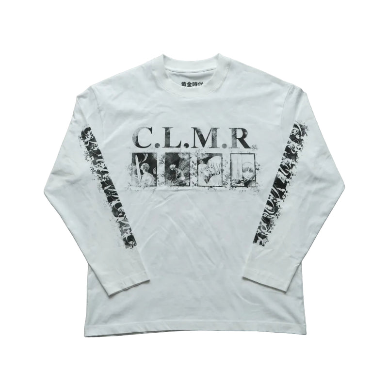 White long-sleeve shirt with black text and graphics on a gray surface