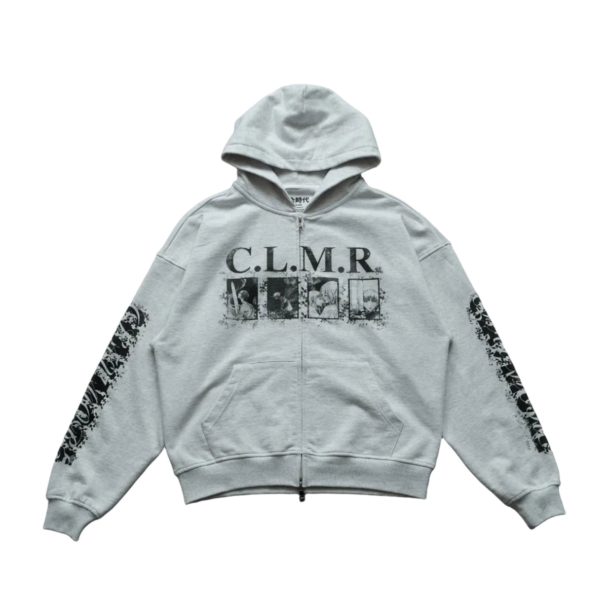 White hoodie with 'C.L.M.R.' text and graphic design on a gray surface