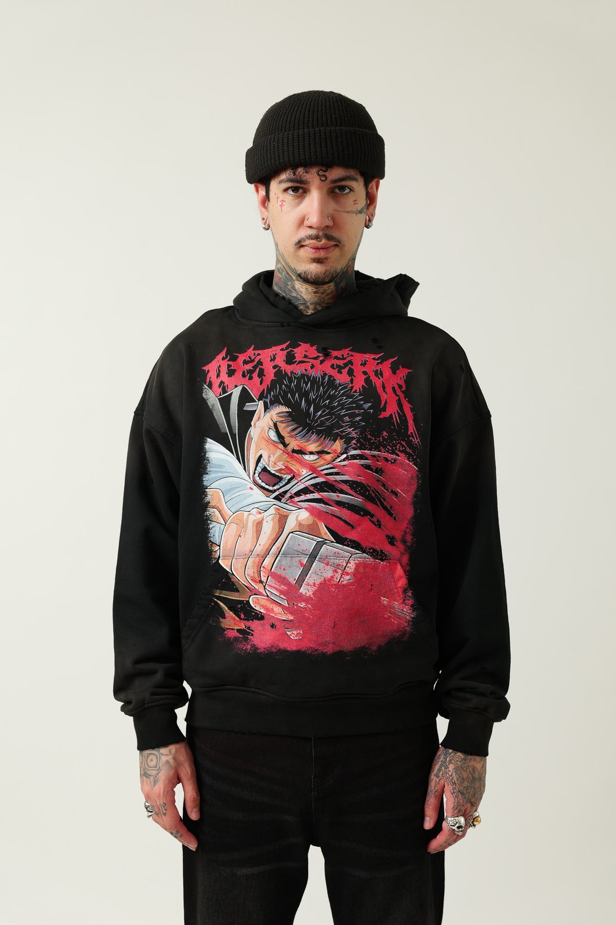 RAGE DISTRESSED BLACK HOODIE